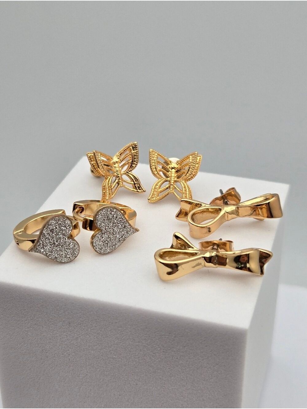 3 Pair Gold Tone Stud Earrings Set Butterfly Bow Sparkle Heart Loop New